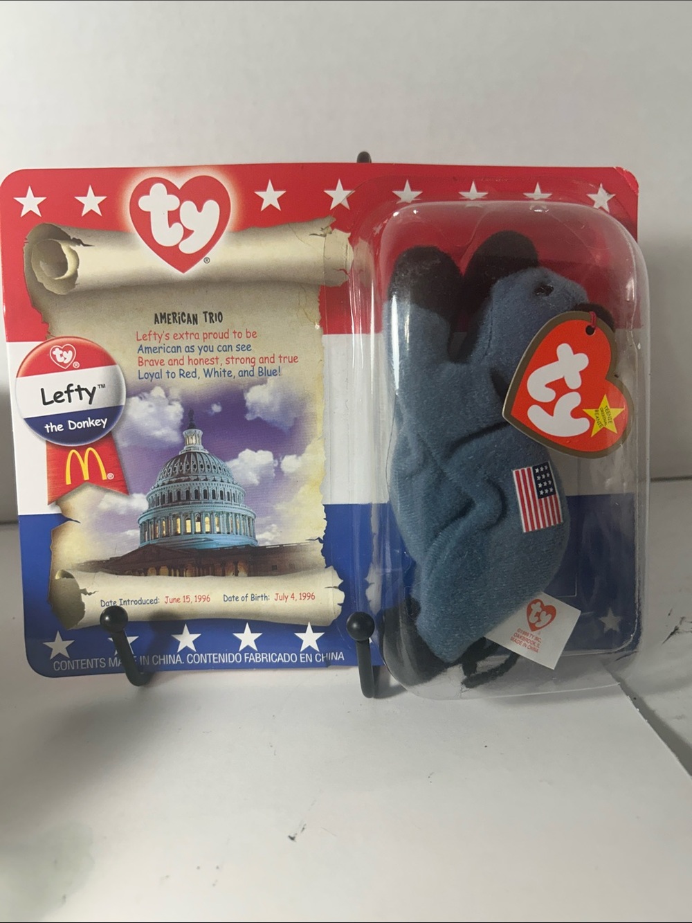 Ty Lefty the Donkey Plush in Blue with American Flag Patch New in the box